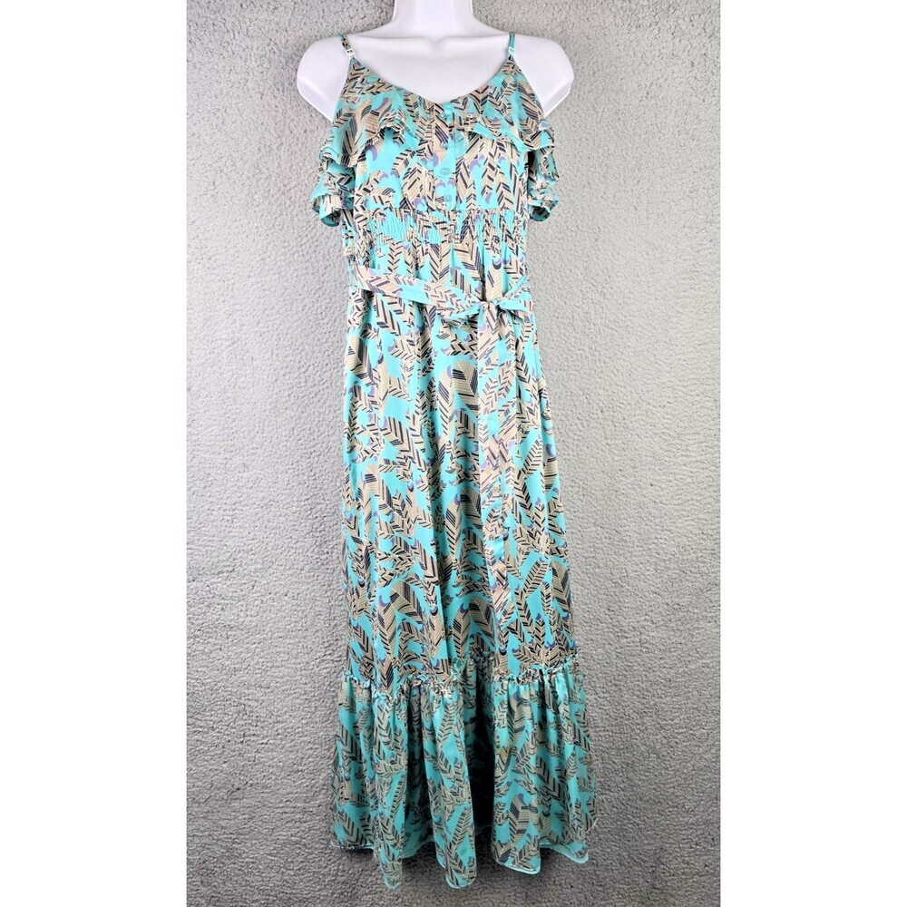 MM Couture Maxi Dress Large Jade Green Feather Ruffle Smocked Waist Boho Trendy - Picture 12 of 13